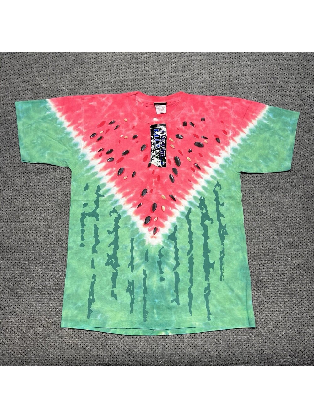 VINTAGE 2000s NWT Liquid Blue Watermelon T-Shirt Medium Green Red Tie Dye Aop
